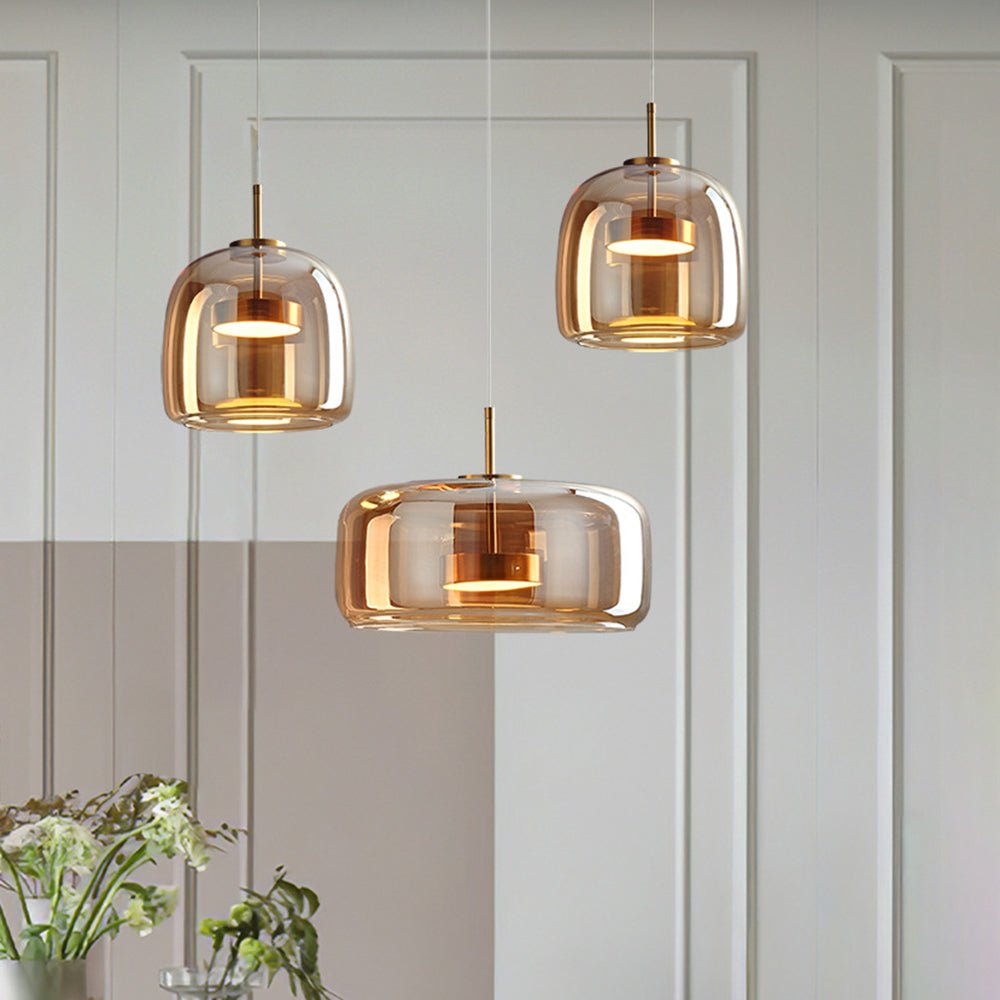 AmberGlanz - Retro LED-Pendelleuchten aus goldenem Metall und Glas