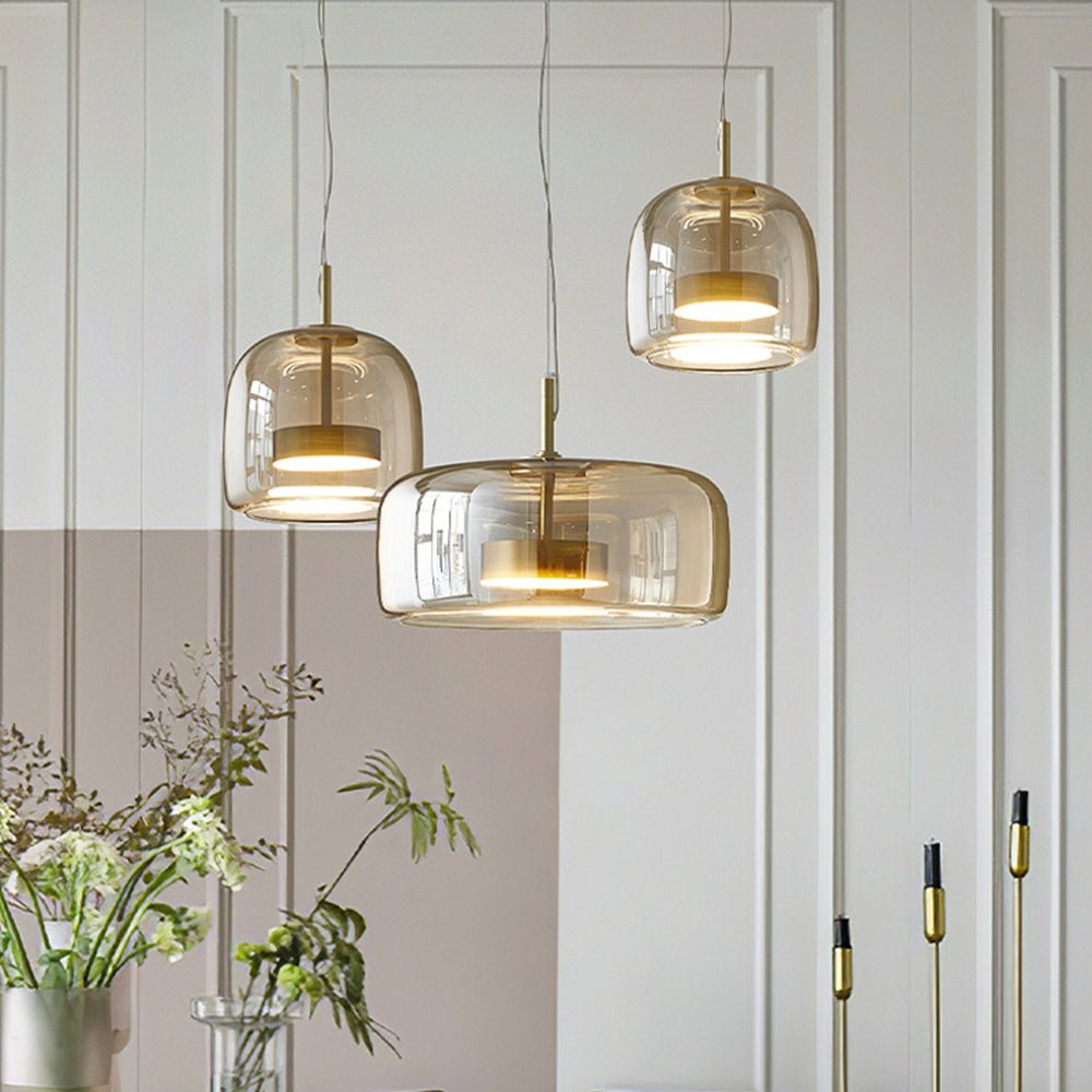 AmberGlanz - Retro LED-Pendelleuchten aus goldenem Metall und Glas