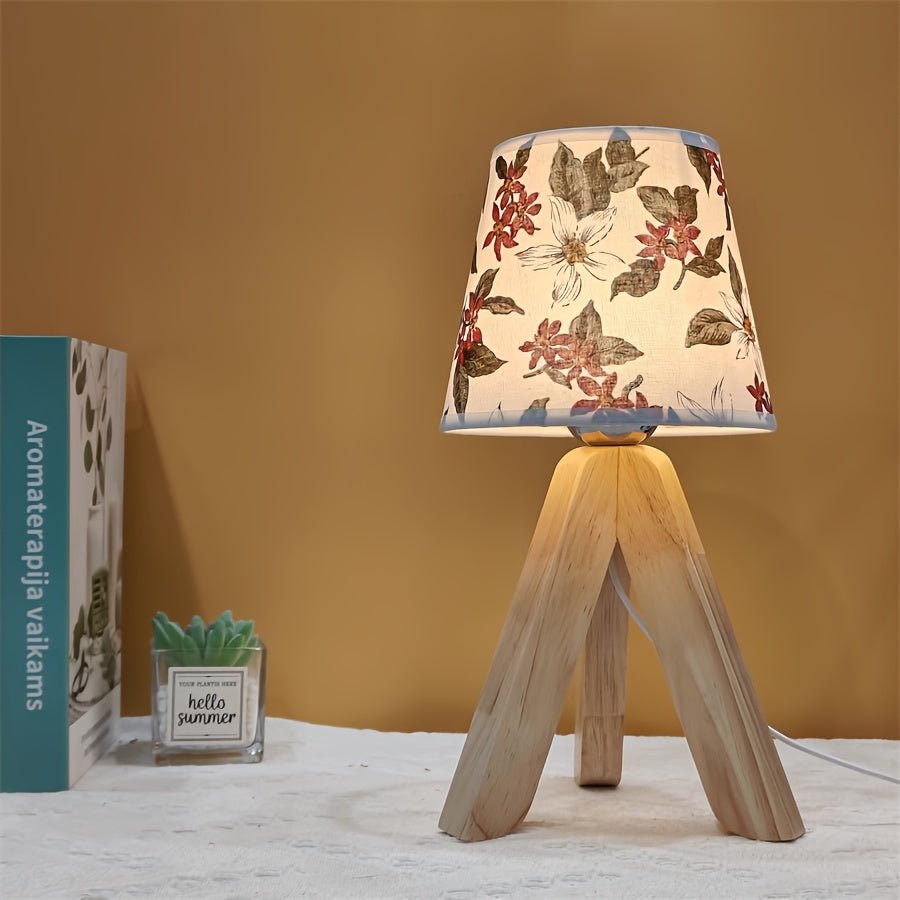 Modern LED-Tischleuchte mit Blumenmuster und Holzsockel, USB-Anschluss