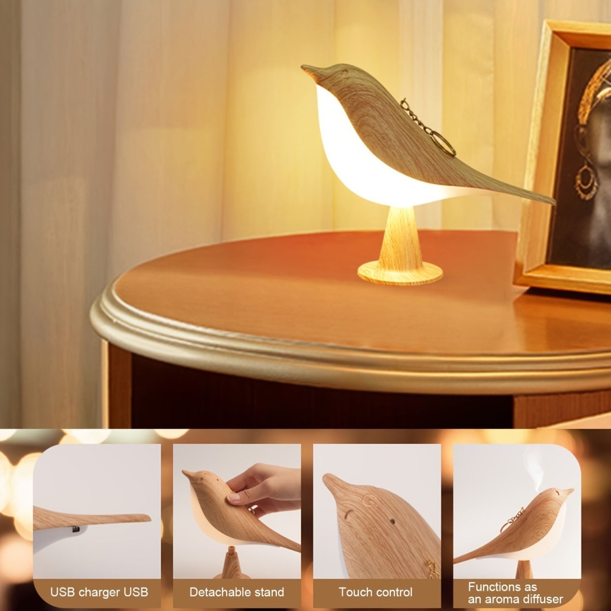 HelligkeitNest - USB Wiederaufladbare LED Vogel Tischleuchte mit Touch-Dimmfunktion