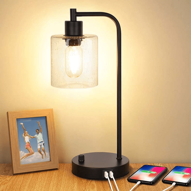 Industrie-Nachttischlampe - 3-stufig dimmbare Tischlampe mit USB-Anschluss und Glaskuppel