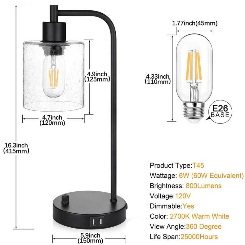 Industrie-Nachttischlampe - 3-stufig dimmbare Tischlampe mit USB-Anschluss und Glaskuppel