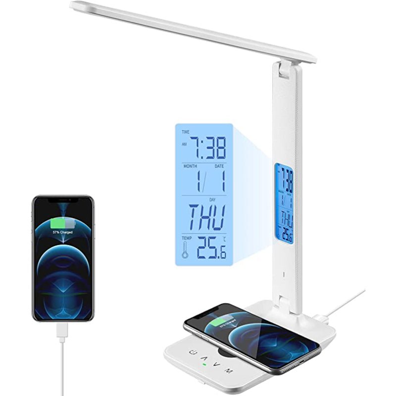 LED-Schreibtischlampe mit kabellosem Ladegerät, USB-Anschluss, Uhr, Wecker & Temperaturanzeige