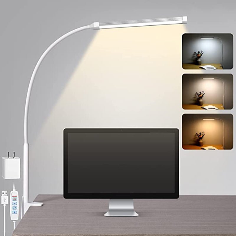 LED Tischleuchte - Augenfreundliche Arbeitslampe mit Klemme, Flexibler Schwenkarm, 3 Lichtmodi, 10 Helligkeitsstufen, USB-Adapter