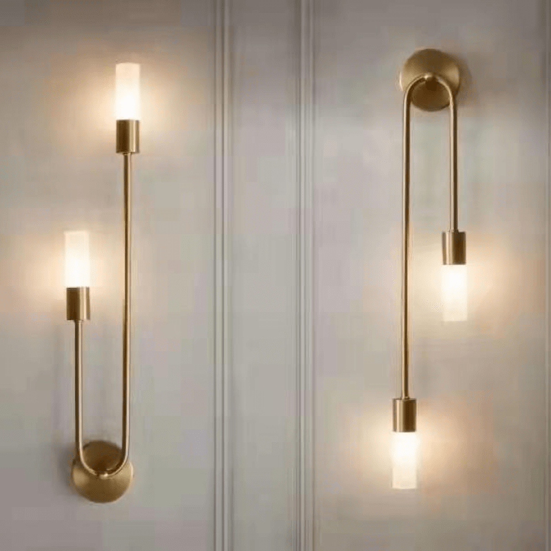 Moderne LED-Wandleuchte Meza, 2-flammig, Stabdesign, Gold, für Wohnzimmer