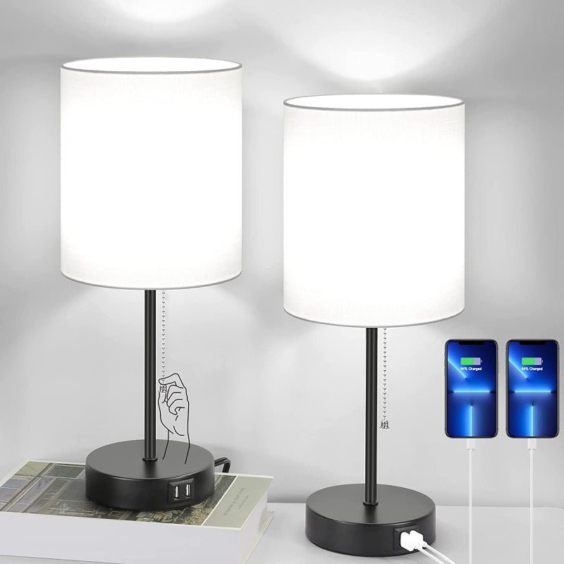 Set von 2 Nachttischlampen mit USB-Ladeanschlüssen - Moderne graue Tischleuchten mit AC-Steckdose und Zugschalter