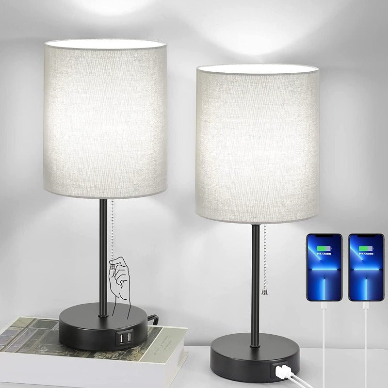 Set von 2 Nachttischlampen mit USB-Ladeanschlüssen - Moderne graue Tischleuchten mit AC-Steckdose und Zugschalter