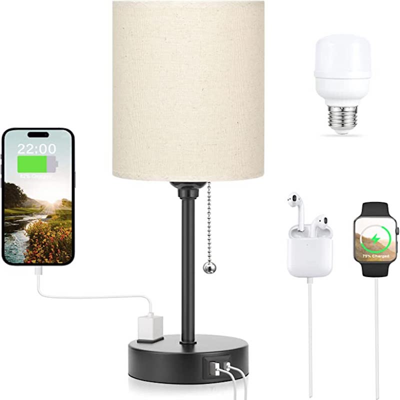 Schlafzimmer-Tischlampe mit 3 Farbtemperaturen, USB-C/USB-A Anschlüssen und Zugschalter, inkl. AC-Steckdose