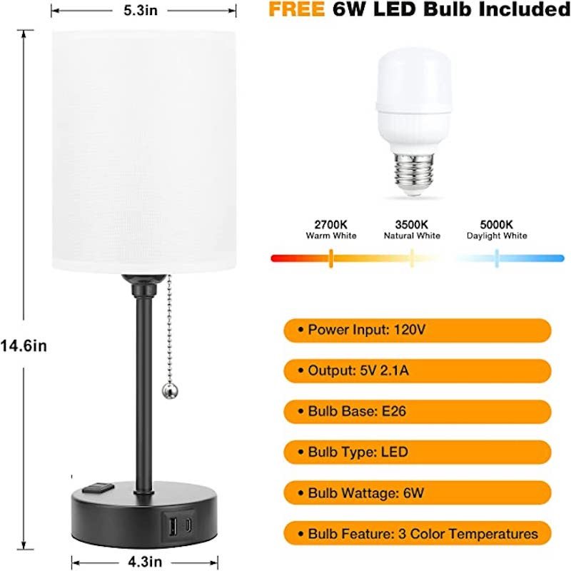 Schlafzimmer-Tischlampe mit 3 Farbtemperaturen, USB-C/USB-A Anschlüssen und Zugschalter, inkl. AC-Steckdose