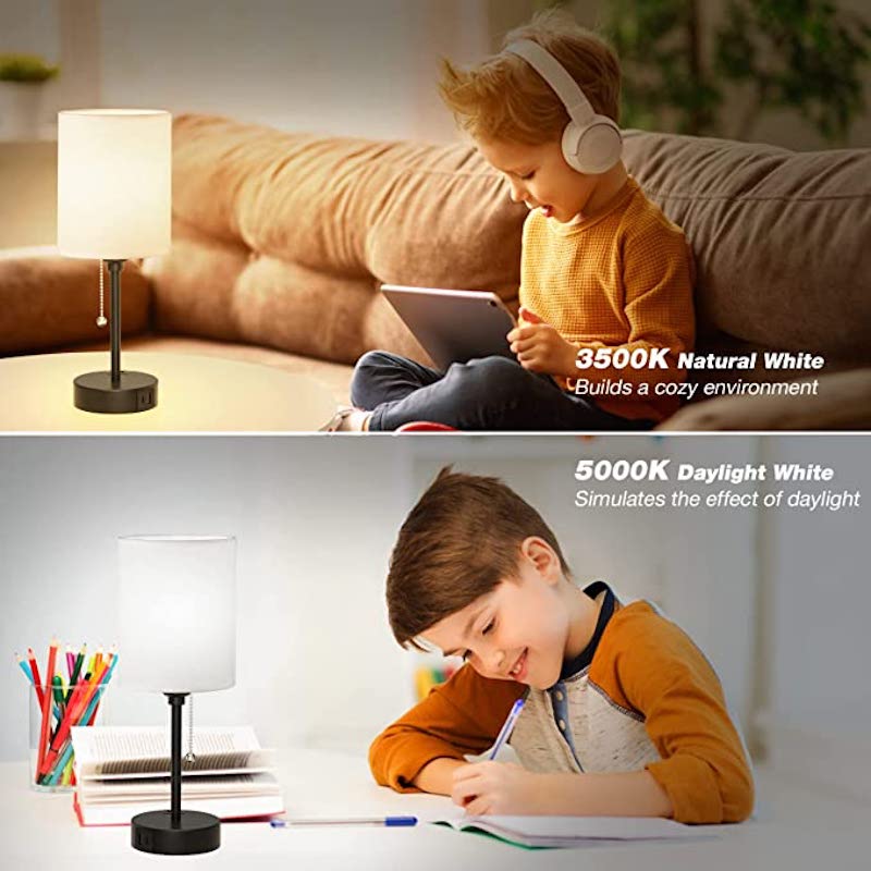 Schlafzimmer-Tischlampe mit 3 Farbtemperaturen, USB-C/USB-A Anschlüssen und Zugschalter, inkl. AC-Steckdose