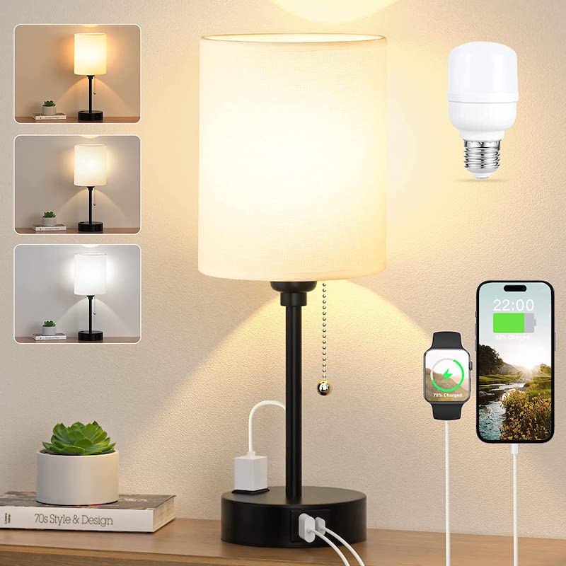 Schlafzimmer-Tischlampe mit 3 Farbtemperaturen, USB-C/USB-A Anschlüssen und Zugschalter, inkl. AC-Steckdose