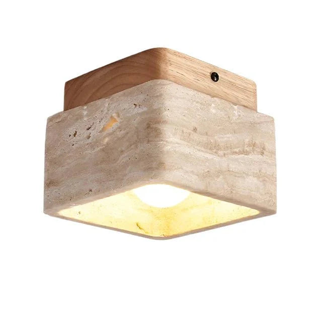 Travertin & Holz LED Deckenleuchte im Quadratischen Design