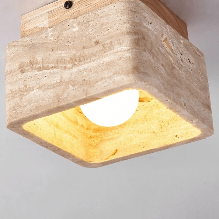 Travertin & Holz LED Deckenleuchte im Quadratischen Design