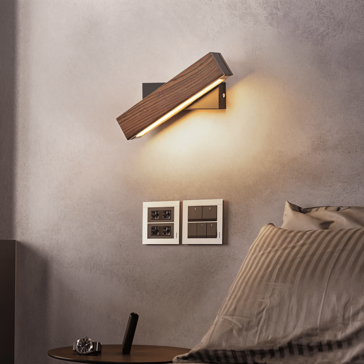 Drehbare LED-Wandlampe aus Holz - Rechteckige 360° Wandbeleuchtung