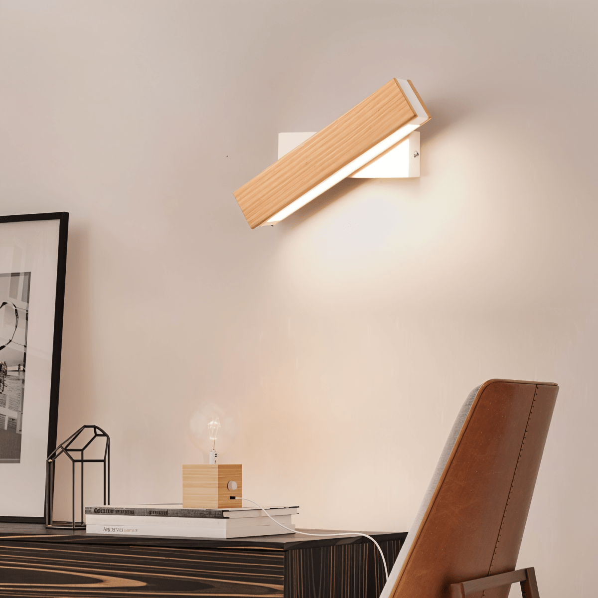 Drehbare LED-Wandlampe aus Holz - Rechteckige 360° Wandbeleuchtung