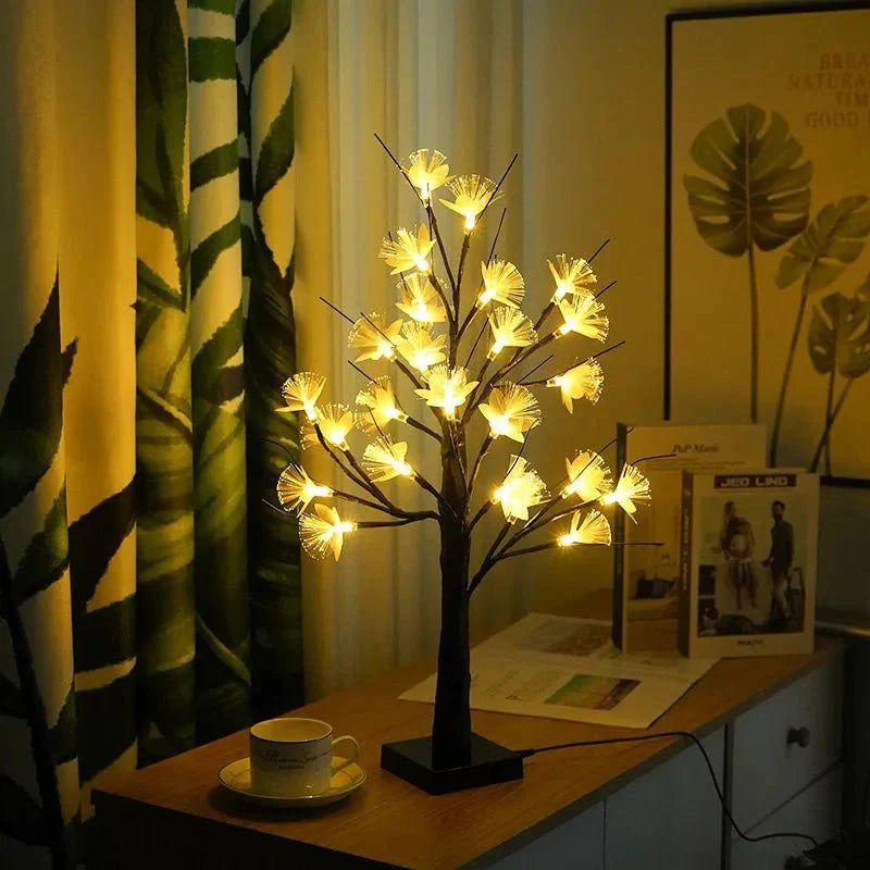 Zauberhafte Birkenbaum-Glasfaser-Bonsai-Lampe mit Blumenlicht