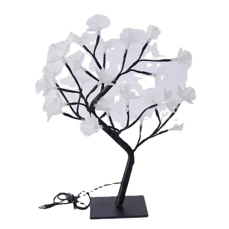 Zauberhafte Birkenbaum-Glasfaser-Bonsai-Lampe mit Blumenlicht