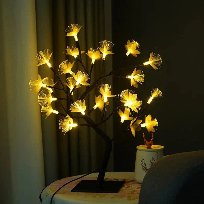 Zauberhafte Birkenbaum-Glasfaser-Bonsai-Lampe mit Blumenlicht