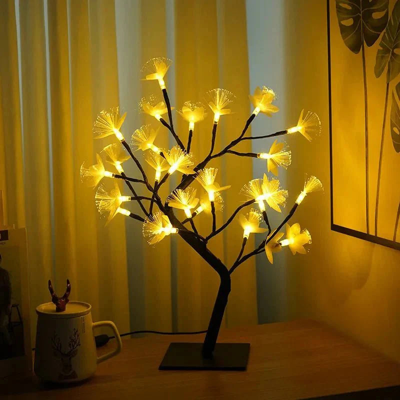 Zauberhafte Birkenbaum-Glasfaser-Bonsai-Lampe mit Blumenlicht