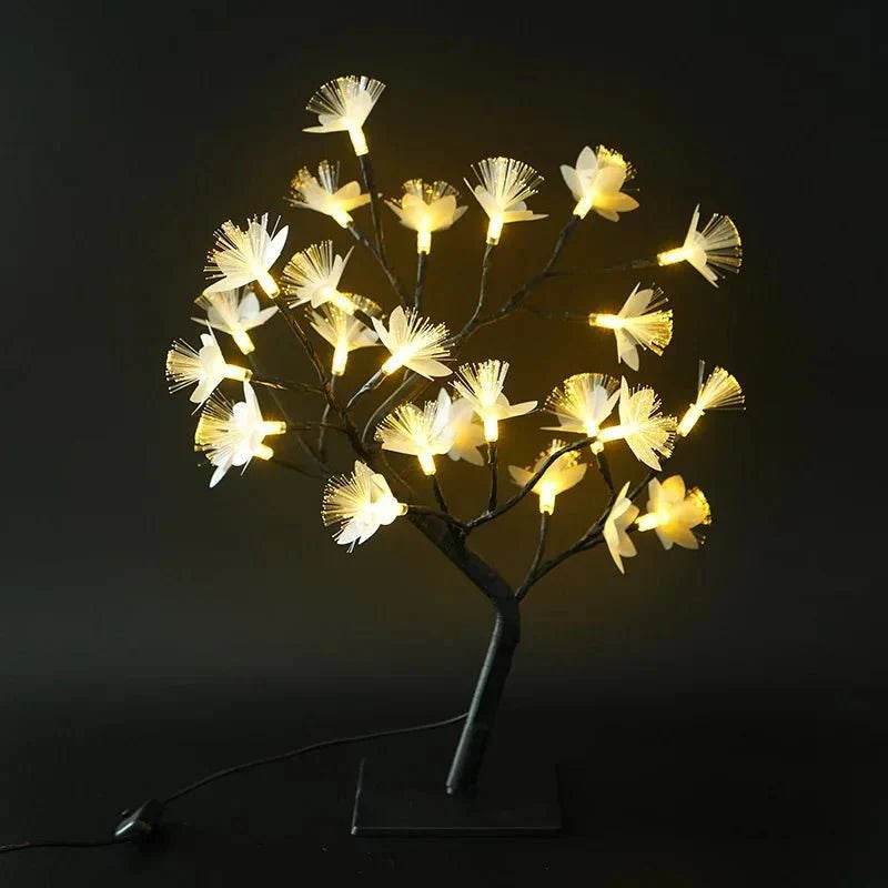 Zauberhafte Birkenbaum-Glasfaser-Bonsai-Lampe mit Blumenlicht