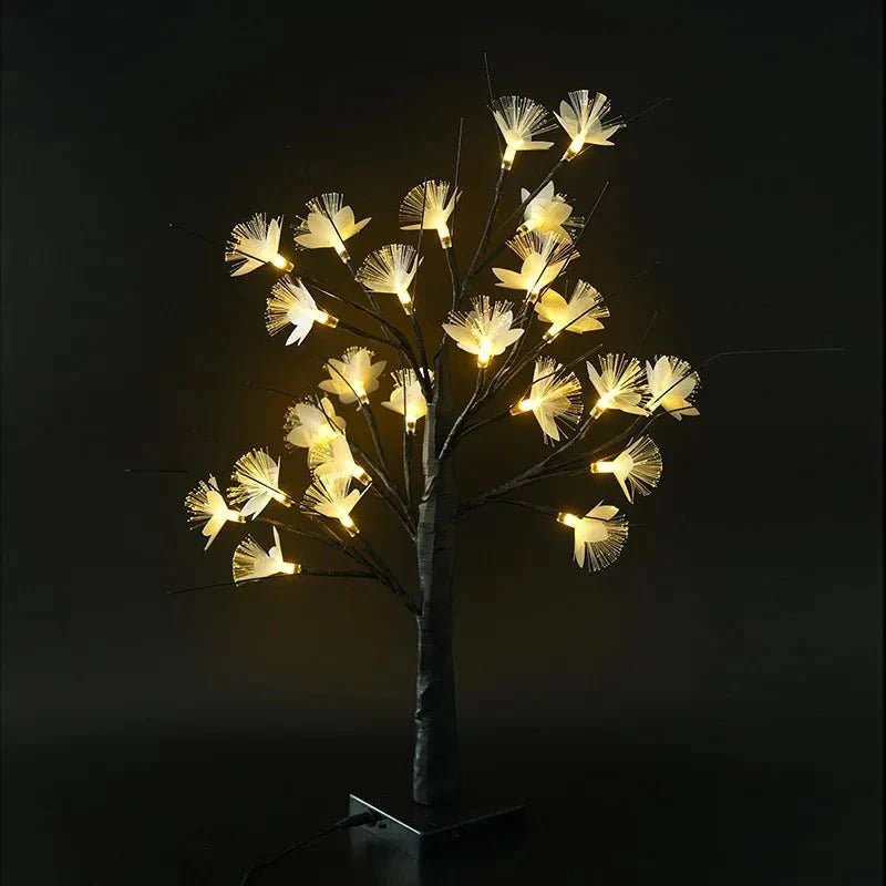 Zauberhafte Birkenbaum-Glasfaser-Bonsai-Lampe mit Blumenlicht